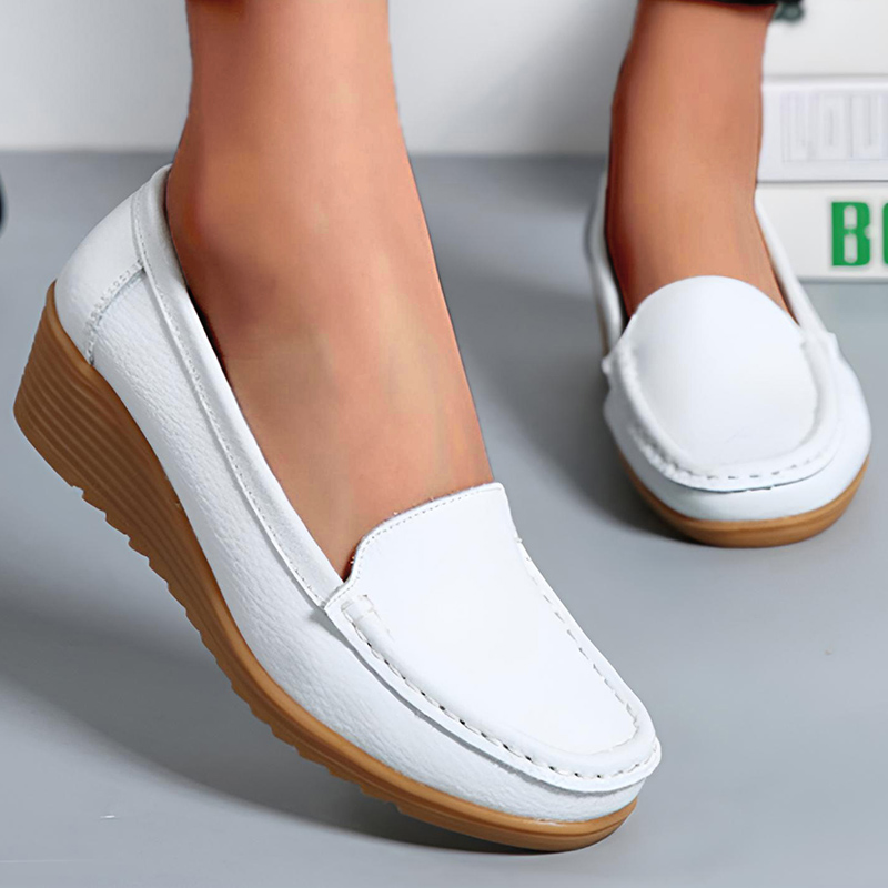 Zapatos de cuero para mujer, mocasines blancos y negros con tacones, mocasines informales para mujer, zapatos planos sin cordones, calzado de verano