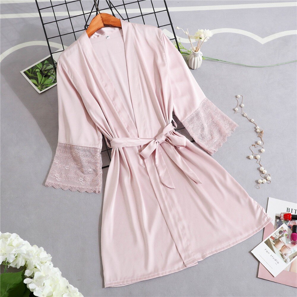 Women Silk Satin Short Night Robe Solid Kimono Robe Sexy Lace Trim Bathrobe Peignoir Bride Bridesmaid Robe Dressing Gown