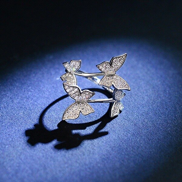 Trendy Crystal Four Butterfly Adjusted Finger Rings Animal Romantic Opening Jewelry Women Girl Wedding Engagement