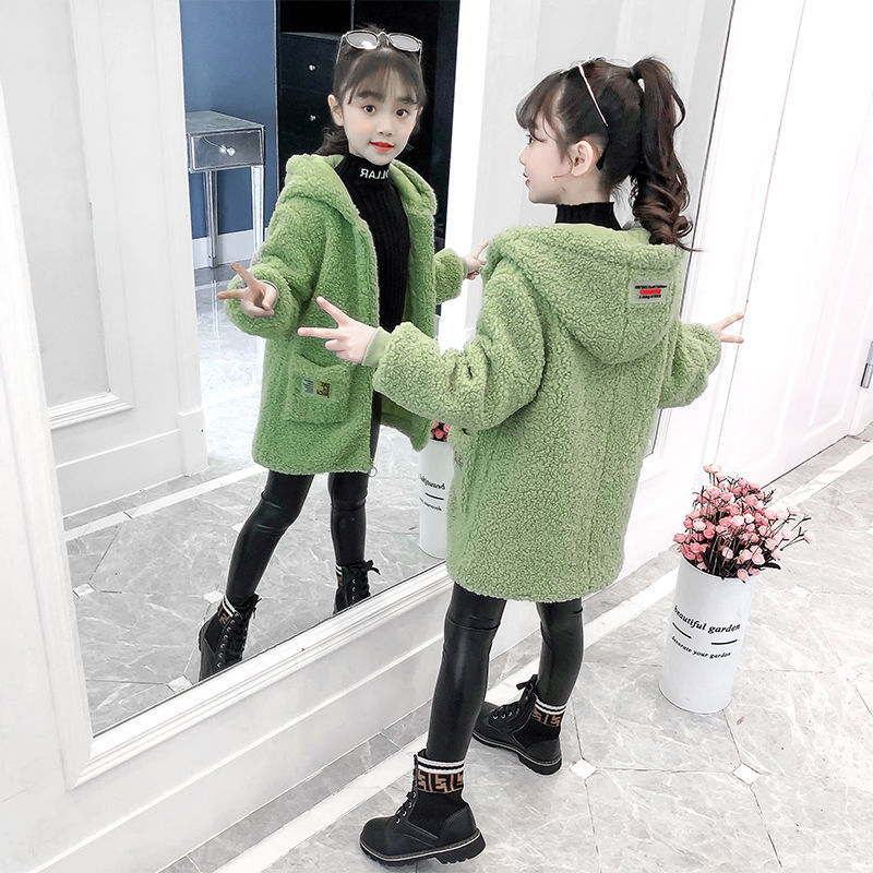 Fall Winter Kids Meisjes Pluche Uitloper Jassen Kleding Kinderen Hoodies Lam Pluizige Jas Tieners Dikke Warme Tops Rits Kleding: Green / 120 (4-5T)