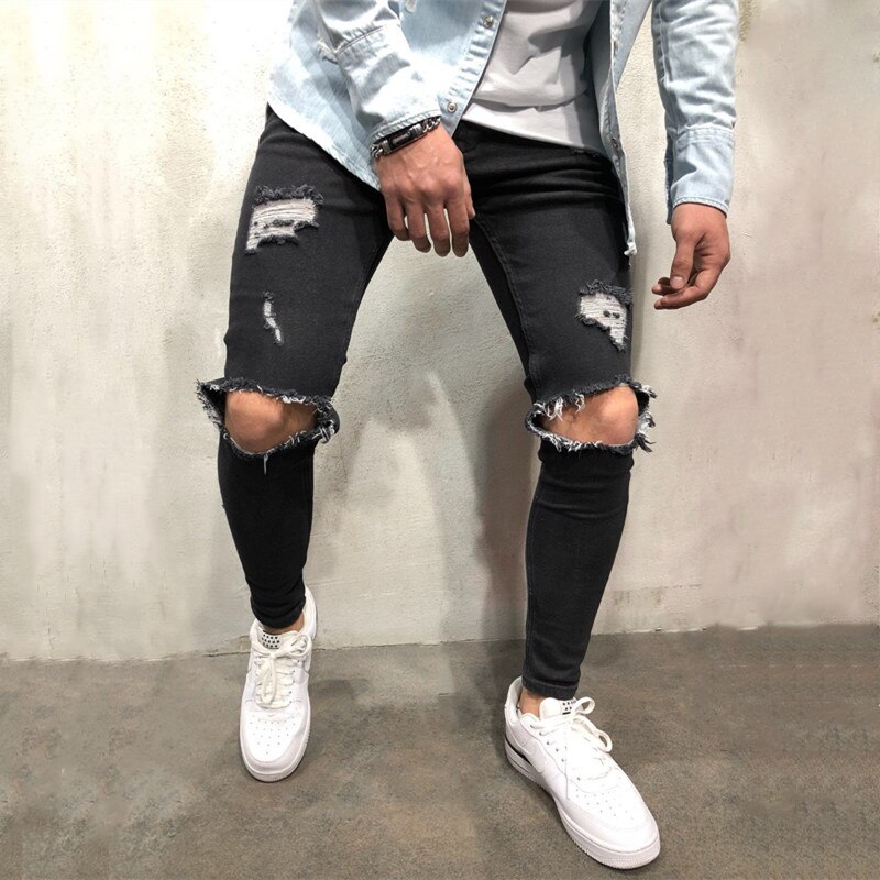Jean déchiré au genou pour hommes, coupe haute extensible, pantalon de jogging bleu délavé, troué Hip-hop, motard