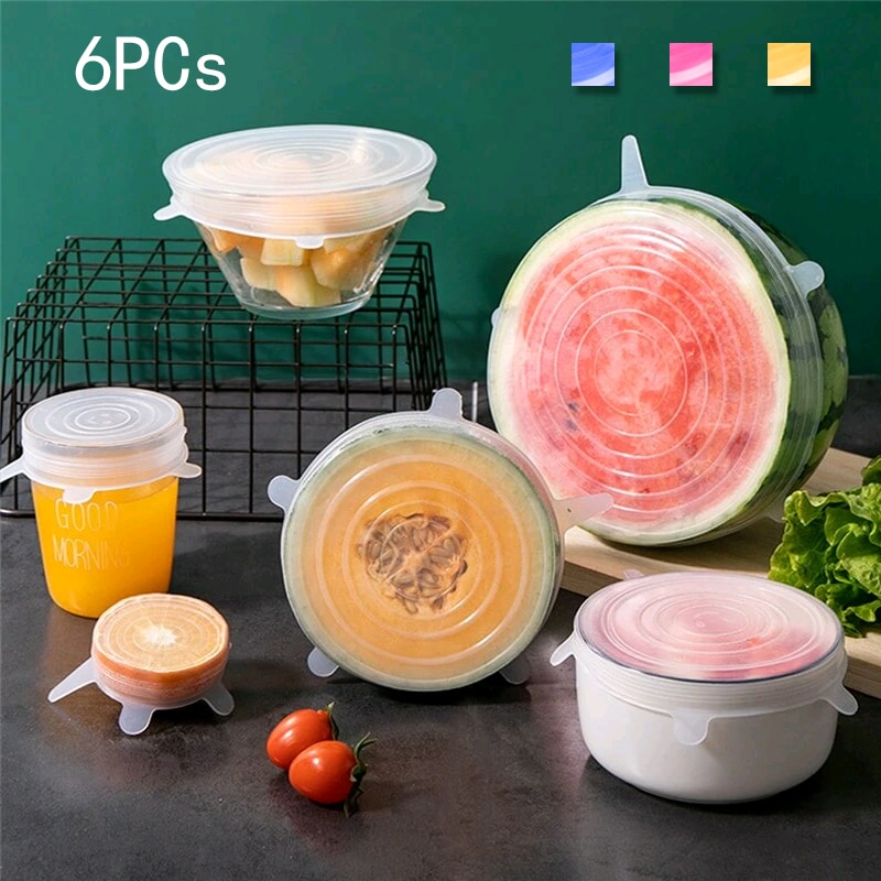 6 Piece Kitchen Retractable Silicone Cover Microwave Oven Cover Universal Food Preservation Refrigerator Cookware Reusable