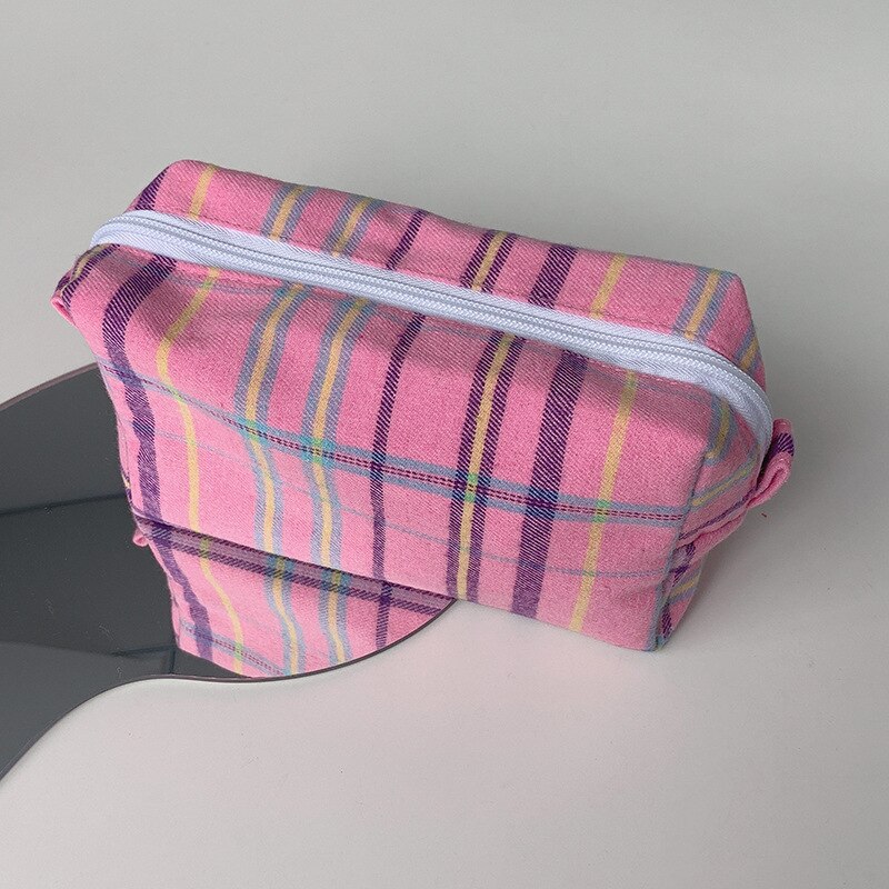 BM Style couleur rétro Plaid crayon sac grande capacité Portable fille cosmétique sac de rangement fournitures scolaires mignon papeterie: Pink Plaid