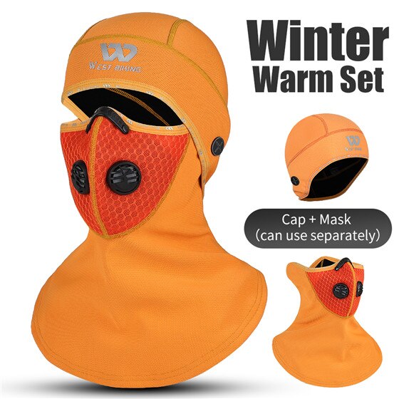 WEST BIKING Winter Ski Mask Cycling Skiing Running Sport Training Face Mask Balaclava Windproof Soft Keep Warm Full Face Mask: Orange with filter