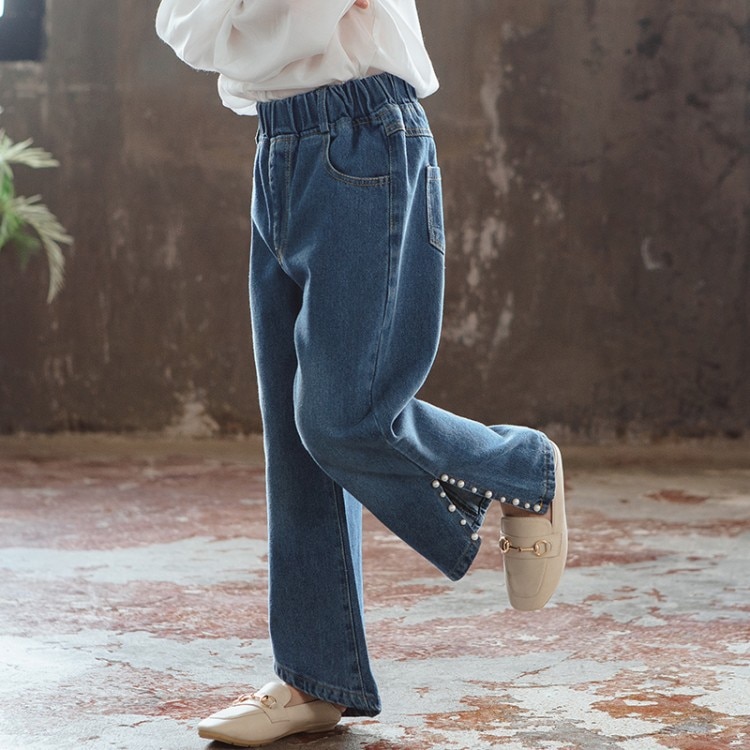 Pearls Jeans for Girls Spring Boot Cut Pants Solid Kids Clothing Teenager Girls Wide Leg Jeans For Girls 4 6 8 9 12 14 Years