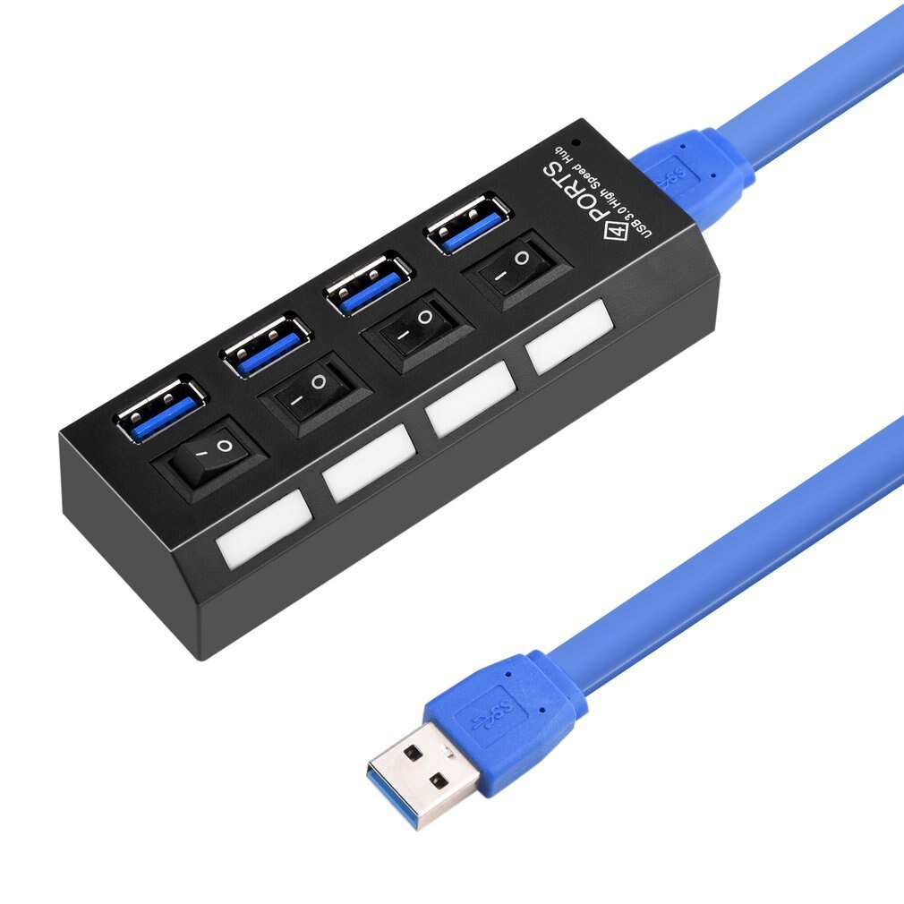 High Speed USB 3.0 Hub 4 Ports Speed 5gbps with On/off Switch and Cable Universal for PC Laptop Computer Desktop Black