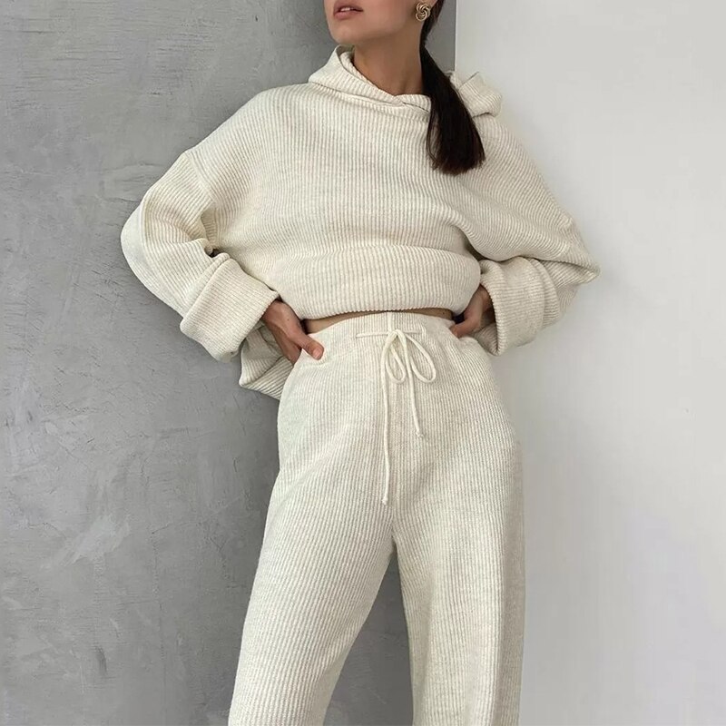 Two-piece Casual Hoodie Sweatshirts Suit Leisure Autumn Winter Pullovers Women Sets Knitted Warm Trousers Outfits