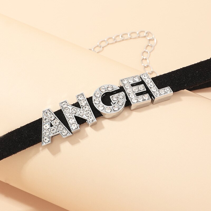 Collar gótico negro con cristales y letras de ángel para niña y mujer, Gargantilla corta, cuello Punk, Retro, joyería para , accesorios para el cuello