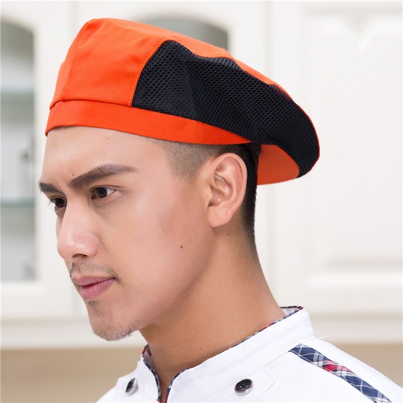 Mænd kvinder mesh patchwork kok restaurant køkken madlavning arbejdstøj hatte baret hotel bakey cafe tjener åndbar kasket 56-58cm: 11