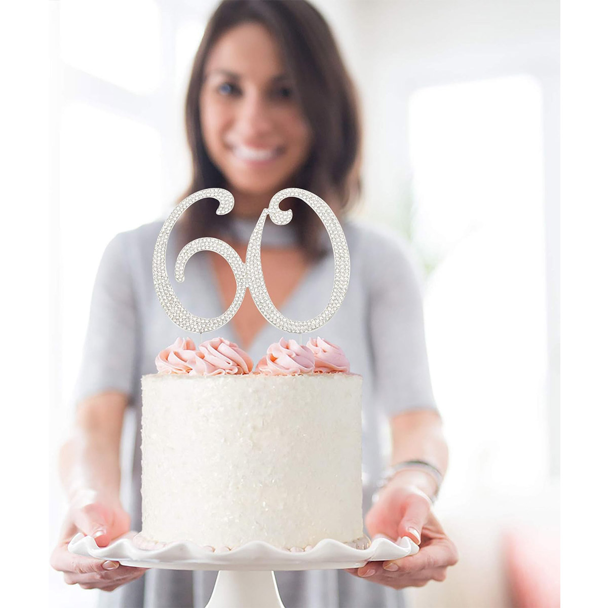 60 Sparkly Rhinestone Decoration Cake Topper - Premium Silver Metal - 60th Birthday or Anniversary Party Makes a Great Centerpie