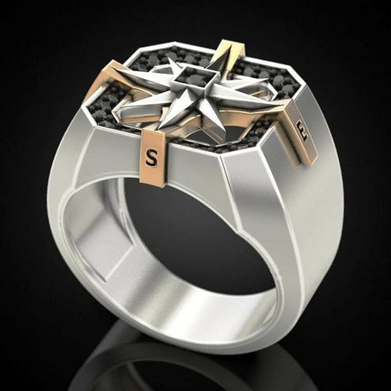 Anillo con brújula vikinga de dos tonos con incrustaciones de circonita AAA de acero inoxidable y único para hombre