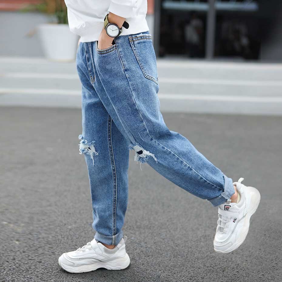 Enfants jean garçon trou jean pantalon pour garçons taille élastique garçons jean école printemps automne décontracté enfants jean pour garçons