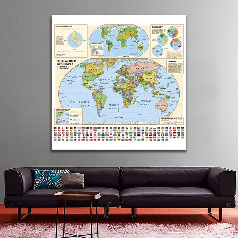 60*60cm The World Map Wall Art Canvas Painting Unframed Prints School Teaching Supplies Home Living Room Decoration
