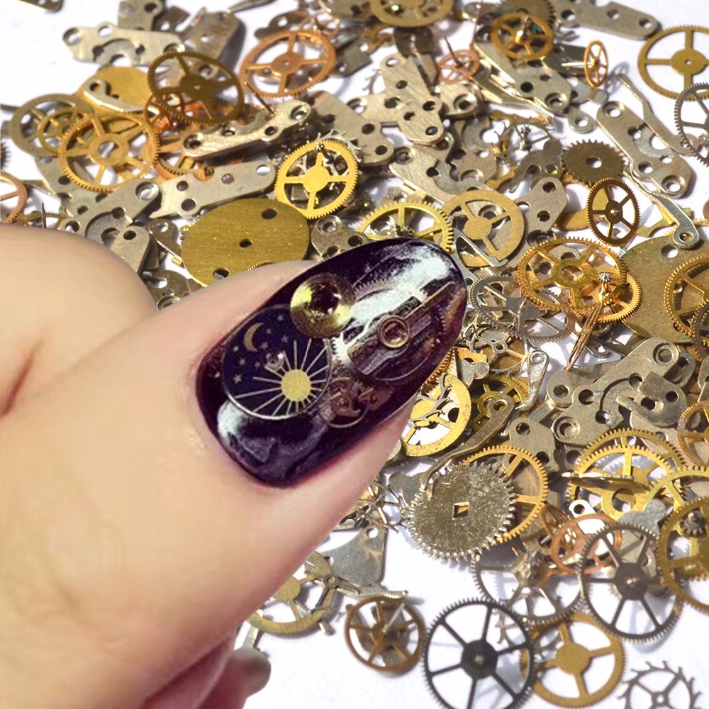 Yzwle 1 Pack Retro Gouden Klok Gear Studs 3D Diy Nail Art Decoratie Voor Nagels Salon