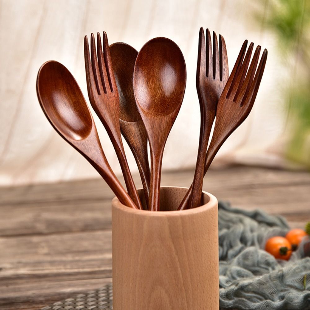Cuchara de madera Natural, tenedor, Kit de cena, utensilio para sopa de arroz, cereales, utensilios de cocina caseros hechos a mano, vajilla, cubiertos para Cocina
