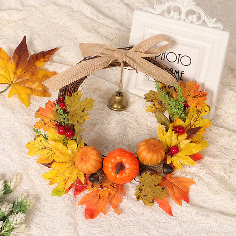 Herfst Leaf Pompoen Krans Met Bell Thanksgiving Halloween Voordeur Home Decor