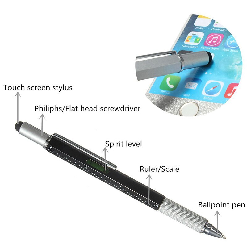 Multifunktionel skruetrækker lineal vaterpas kuglepen med top og skala stylus til touch screen værktøjspenn