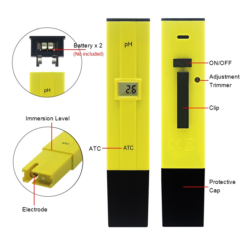 Caneta medidora de ph da água, testador digital de ph 0-14 ph, alta precisão para aquário, solo, alimentos, laboratório, monitor de ph atc portátil
