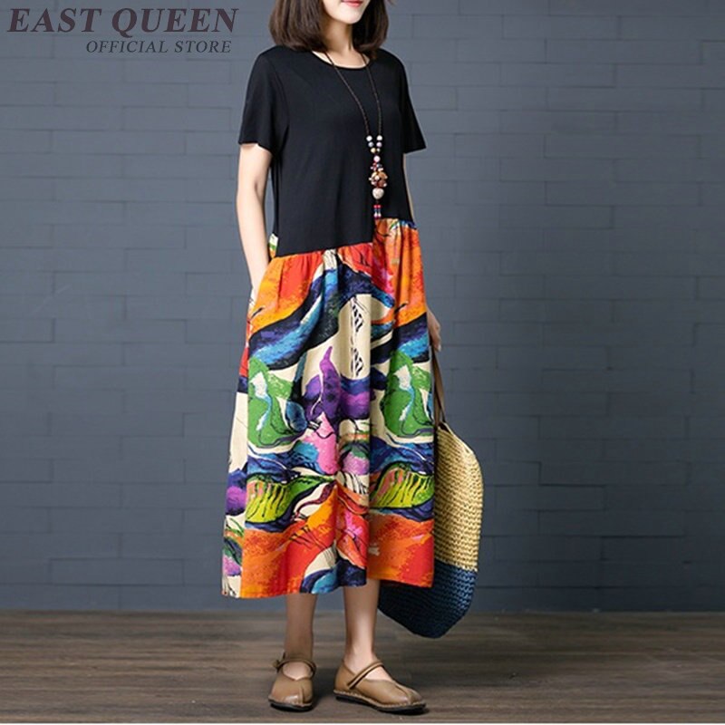 Løse afslappede kjoler til kvinder sommer patchwork bomuld linned retro kjole kinesisk stil lang kjortel vintage femme  ta1761