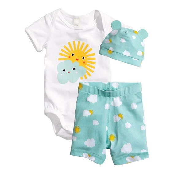 Babykleding voor jongens en meisjes, zomerpakje, rompertjes met dierenprint, gestreepte shorts met hoed, 3 sets babykleding, jumpsuits en jumpsuits: Ploeg 0001 / 95