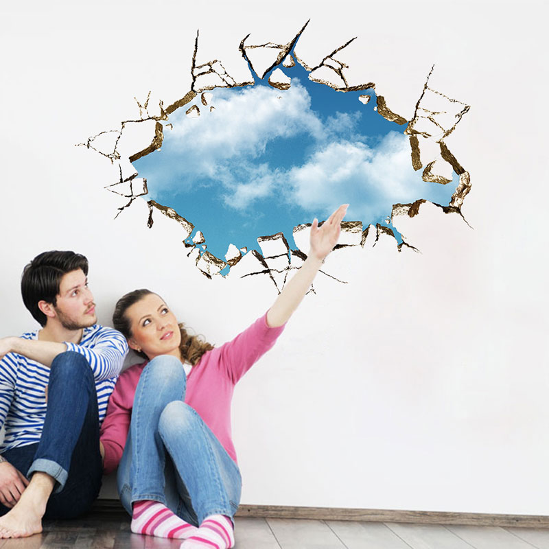Brudt hul 3d blå himmel sky wallstickers stuer soveværelse dekoration decals landskab falske vinduer boligindretning klistermærker