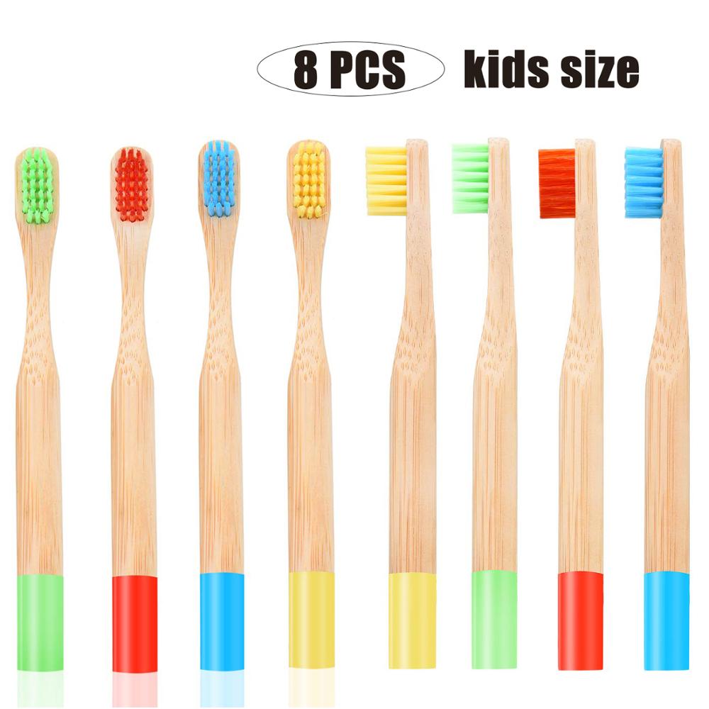 8 natural bamboo toothbrushes, adult and child combination, round bristles with soft bristles, each box is easy to carry: 8pcs kids size