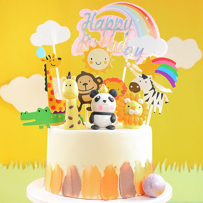Zoo Cute Forest Animal Cake Toppers for Kid`s Birthday Decoration Monkey Giraffe Tiger Lion Cupcake Toppers Birthday Cakes