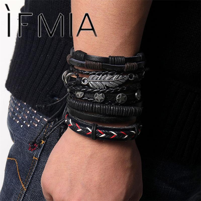IFMIA-Conjunto de pulseras de cuero Vintage para hombre y mujer, brazalete de piel con varias hojas de búho, joyería de ,
