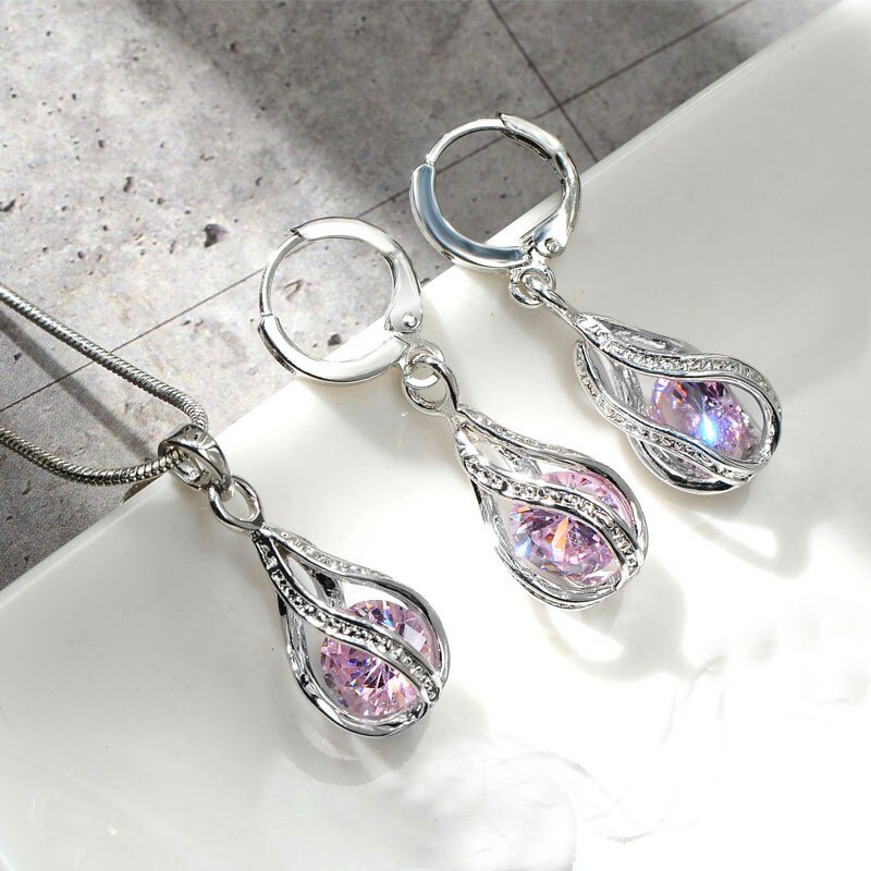 Conjunto de joyería de cristal de arcoíris para mujer, joyería delicada, colgante de Color plateado, pendientes para mujer, collar de cadena de boda geométrico de lujo: pink