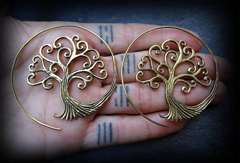 Spiral Tree of Life Earrings Bohemia Round Hoop Earrings For Women Statement Gold Punk Charm Earrings Party Jewelry