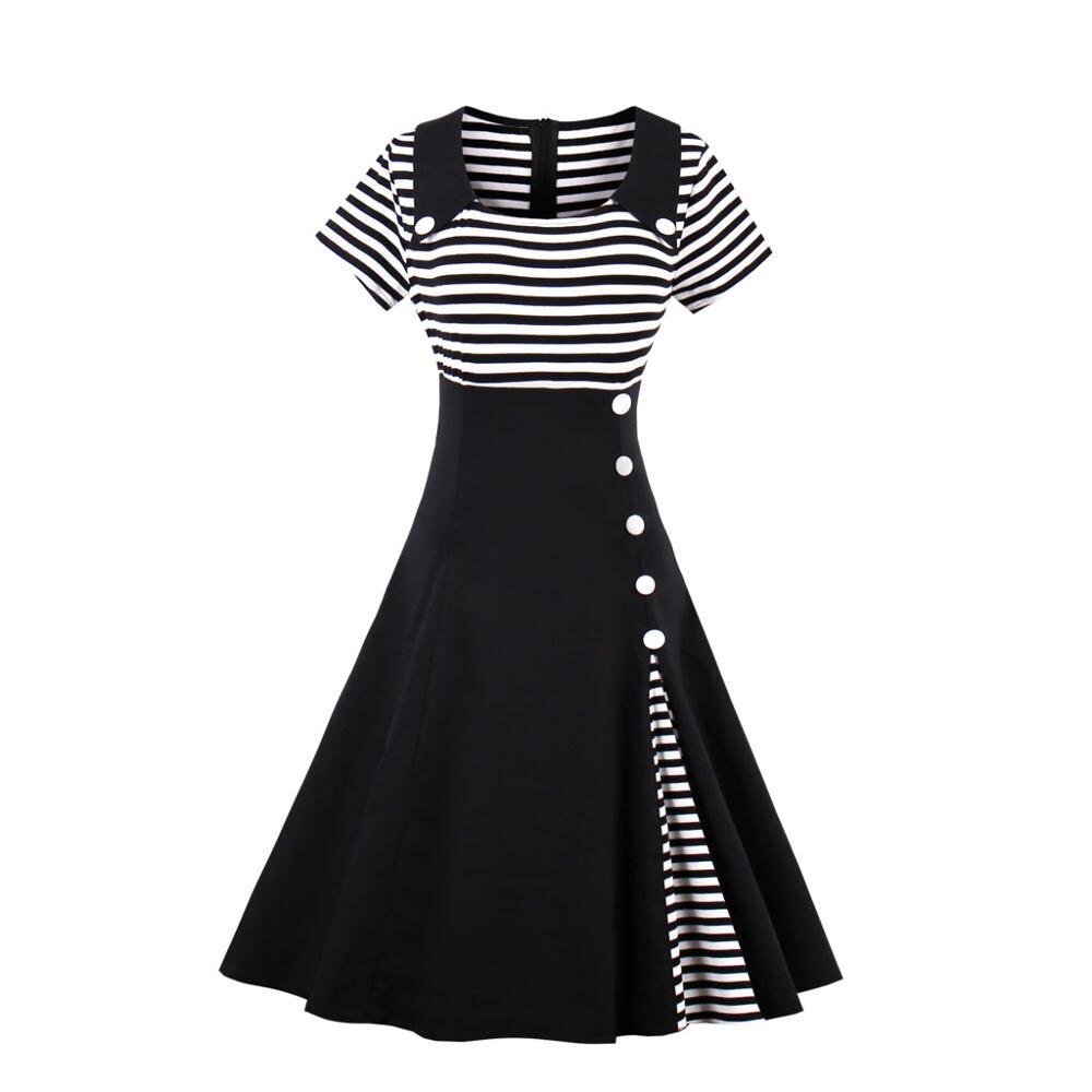 3xl 4xl plus size kvinder pin up rød hvid stribet patchwork kjole retro korte ærmer botton dekoreret 1950s vintage kjole: Sort / 4xl