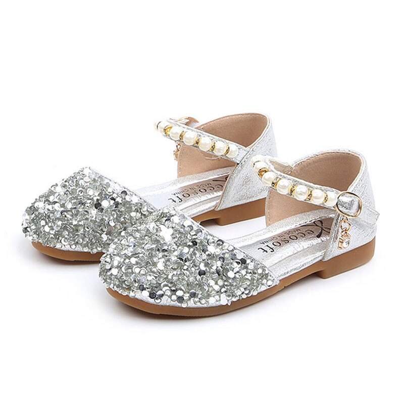 2022 Kids Meisjes Sequin Schoenen Zomer Leuke Parel Prinses Solid Lace Dans Enkele Casual Schoen Kinderen Bruiloft Schoenen: Zilver / 16.3cm