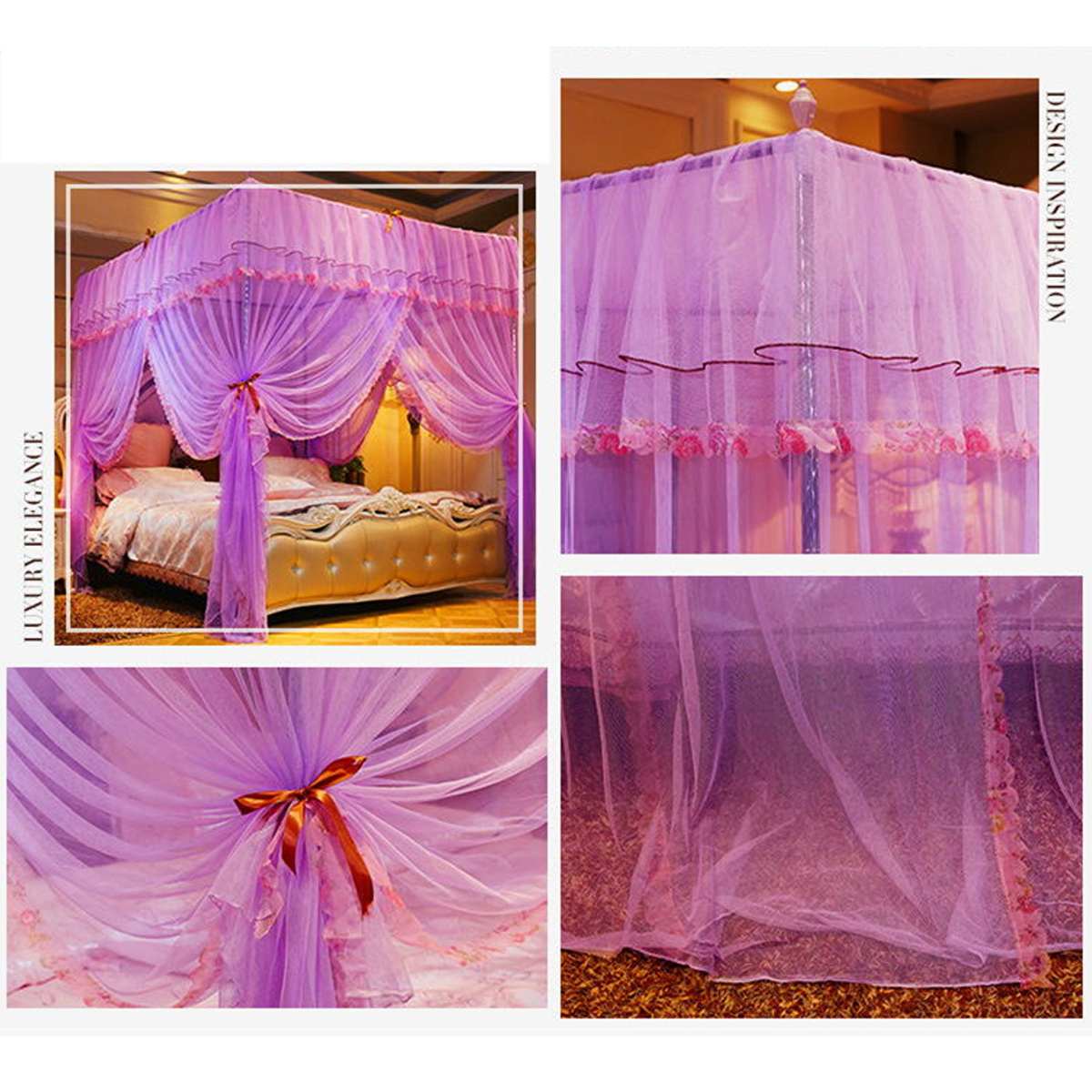 Estilo europeu 4 canto pós cama dossel mosquiteiro rede cheia cama decoração do quarto pendurado valance