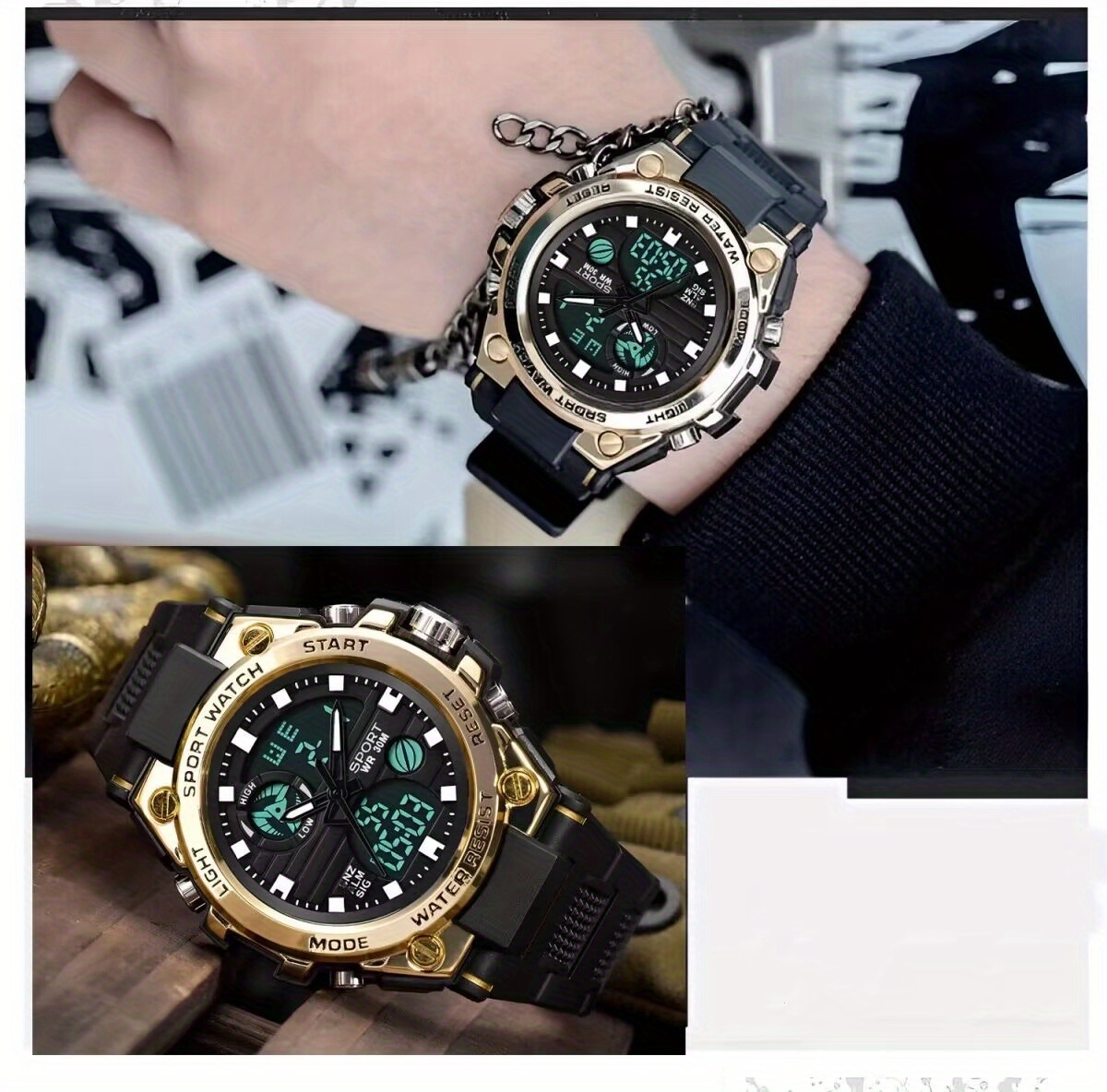 Multifunctioneel sporthorloge voor heren, dubbel display, waterdichte wekker, timing, nachtlampje, kalender, elektr