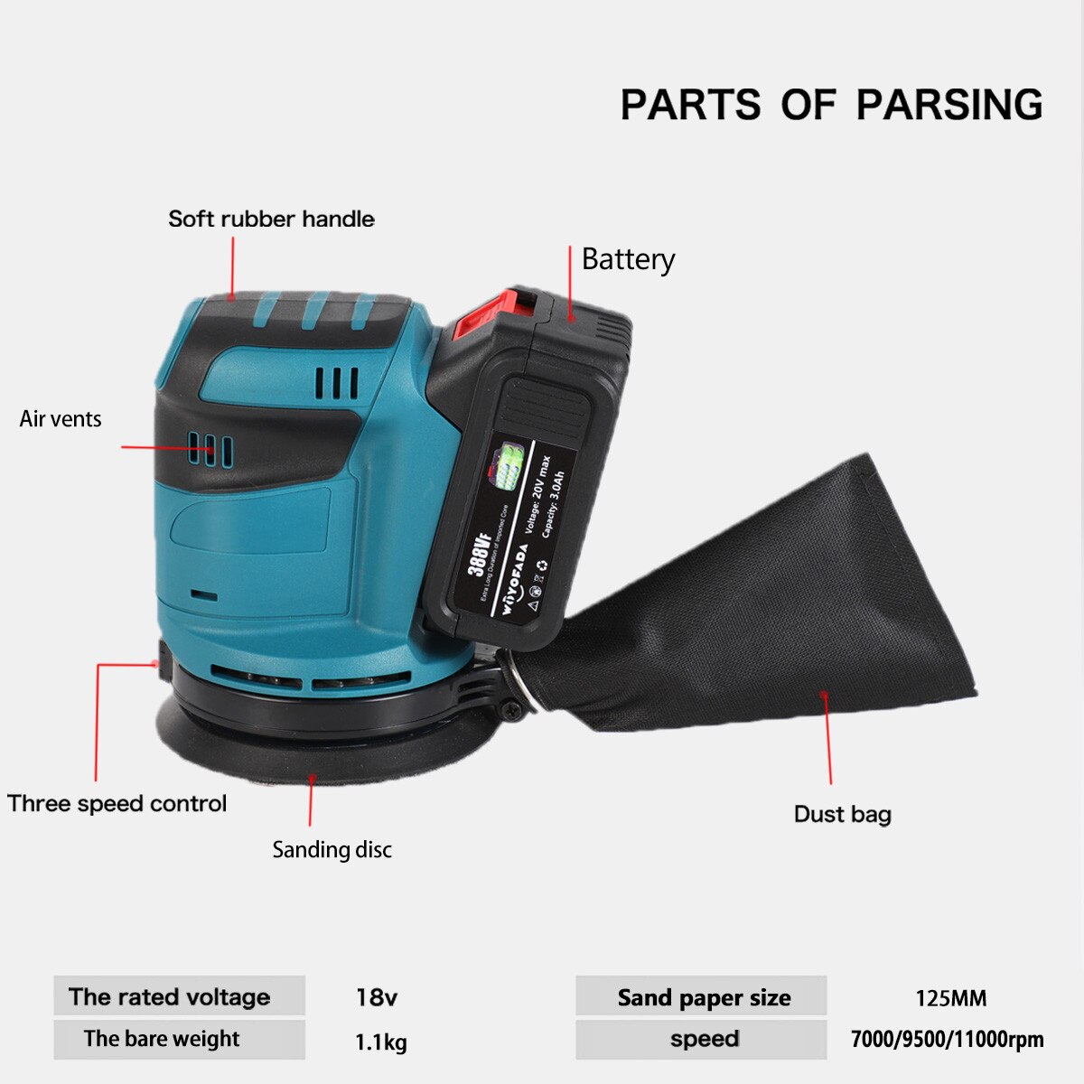 3 Speed Draadloze Excentrische Schuurmachine Hout Molen Polijsten Elektrische Slijpen Met Schuurpapier Voor Makita 18V Batterij Geen Batterij