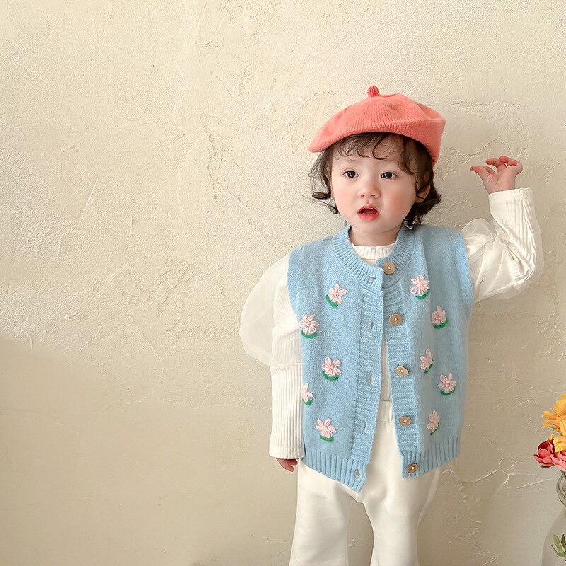 2022 Spring Baby Girl Knit Vest Flower Embroidery Girls Knit Vest Kids Girl Sleeveless Sweater Knitted Cardigan Jacket