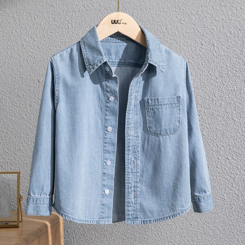 Blusa de manga larga para niña adolescente, camisa azul vaquera a la para niño, Tops holgados informales que combinan con todo, prendas de vestir exteriores 12 13 14 años: Azul cielo / 160cm