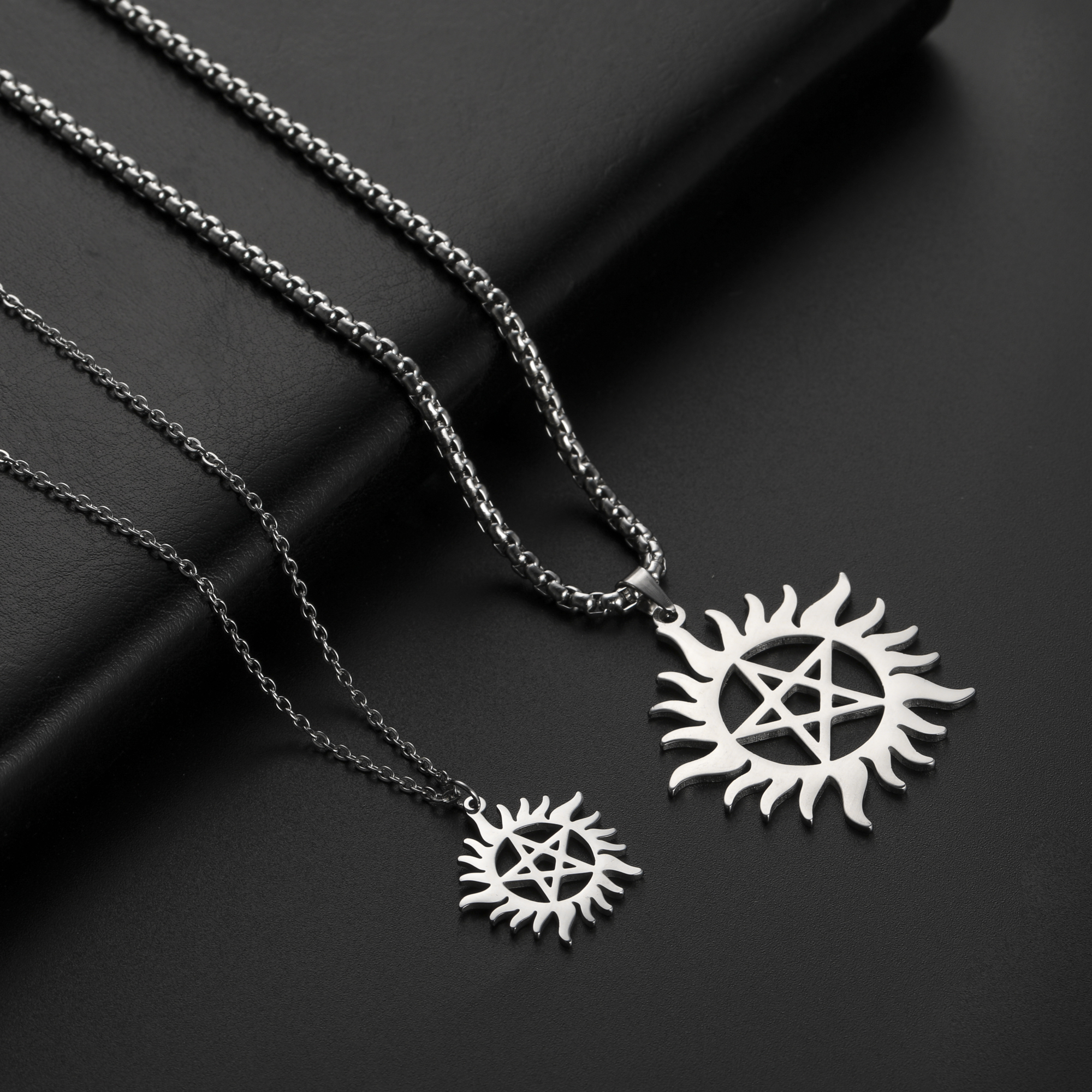 COOLTIME Supernatural Sun Pentagram Pendant Necklace for Women Men Stainless Steel Hollow Star Box Chain Necklaces Couple