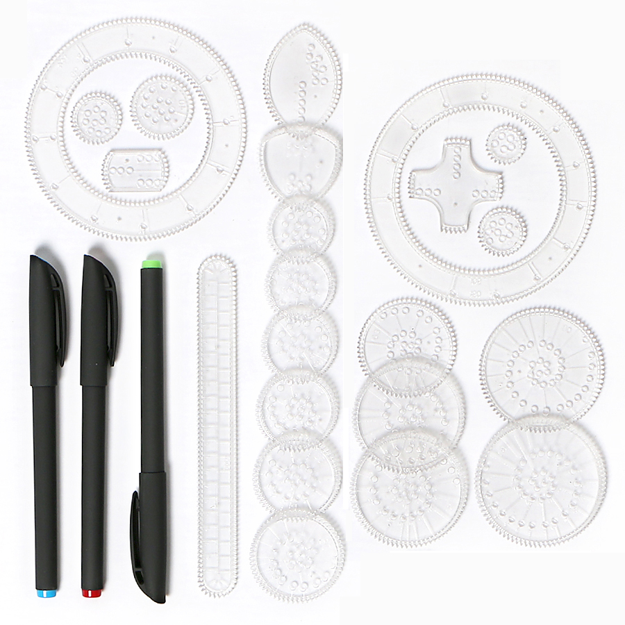 22pcs Accessories+3pcs color pen Spirograph deluxe Drawing rulers set,Spiral Designs Interlocking Gears&Wheels drawing toy