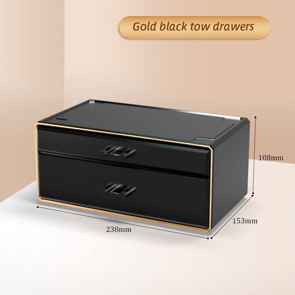 Joybos Makeup Organizer Box Acrylic DIY Makeup Organizer Storage Drawer Cosmetic Containers Dustproof Large Capacity Storage Box: Two Drawers-Gold