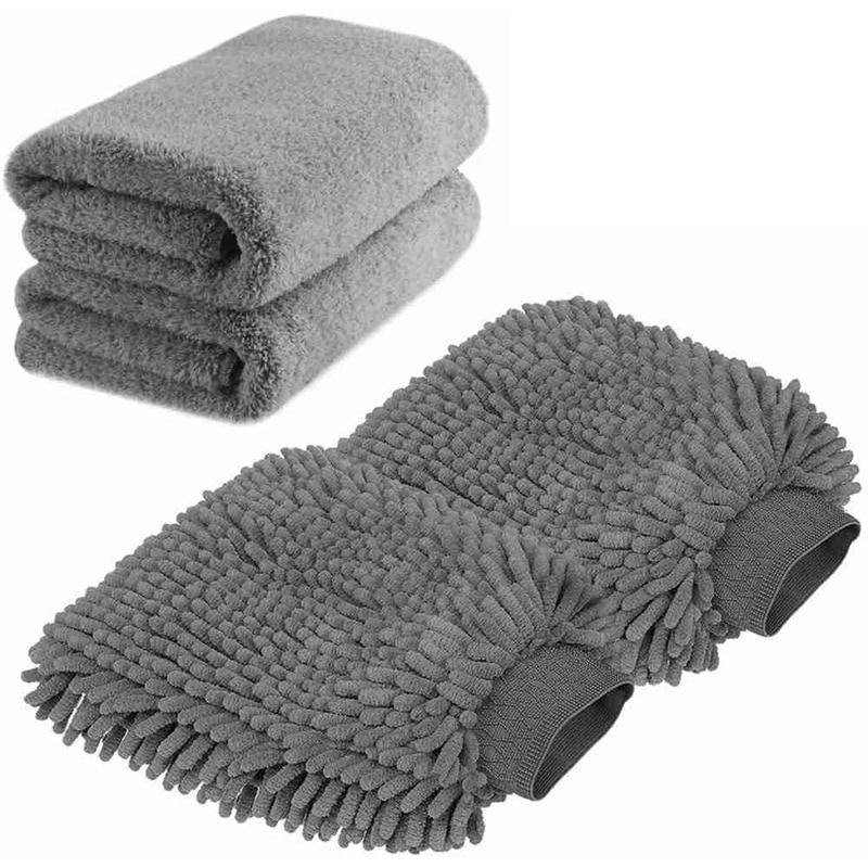 Gant de lavage de voiture grande taille-gant de lavage en microfibre Chenille Premium et serviettes en microfibre-non pelucheux-sans rayures (2X serviettes +