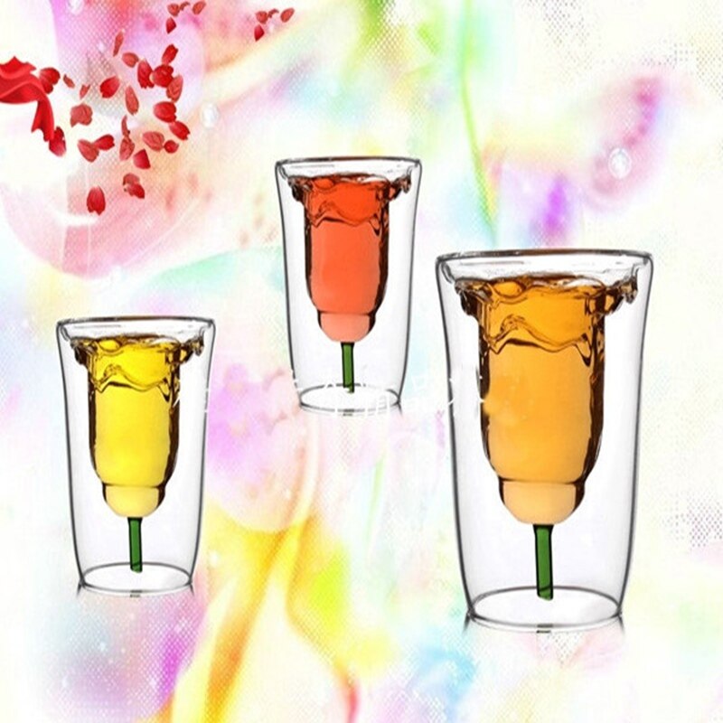 180 ml Bloem Vormige Dubbele Muur Rose Dubbelwandige Hittebestendige Koffie Bier Thee Melk Cup Whisky Glaswerk Bar Cocktail glas