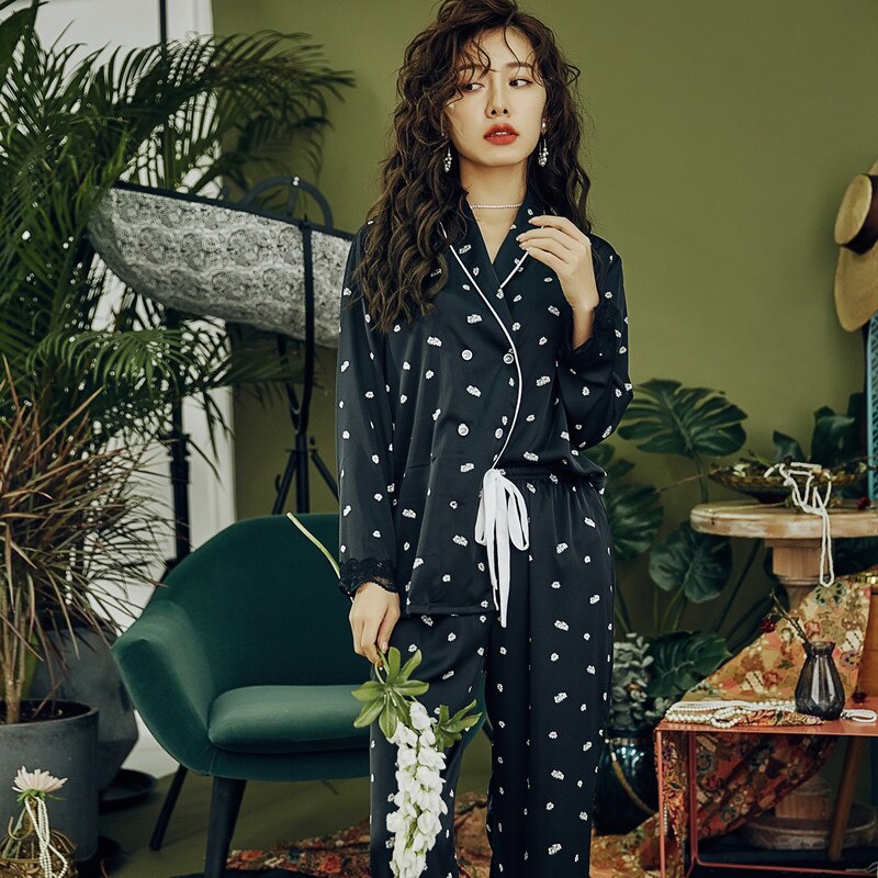 Kobiety satynowa bielizna nocna sweter luksusowy lodowy jedwab piżama odzież domowa kwiaty z długim rękawem koszula nocna zestawy gorąca sprzedaż piżamy: czarny / L