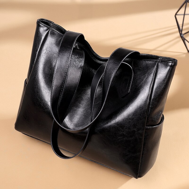 Tassen voor dames retro reliëf leren dames handtassen dames grote casual tote bag dames schoudertas sac a main femme: Zwarte oliewas