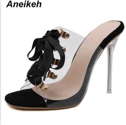 Aneikeh pvc dametøfler gennemsigtige rund tå sko slides snørebånd slip-on tynde hæle sorte abrikos pu str. 35-42: Sort / 8