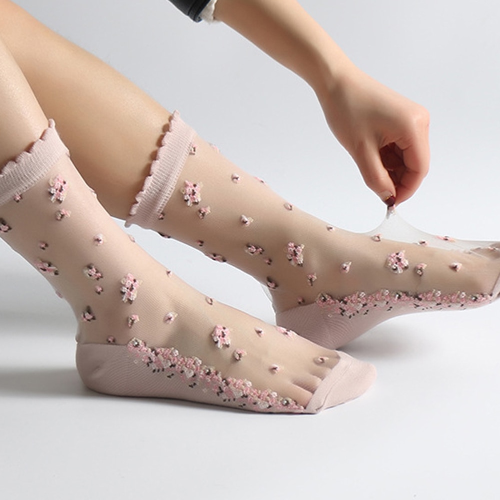 1 par åndbare ultra tynde sokker sommer kvinder gennemsigtig blonde silke krystal rose blomst piger elastiske korte sokker kvindelige sox