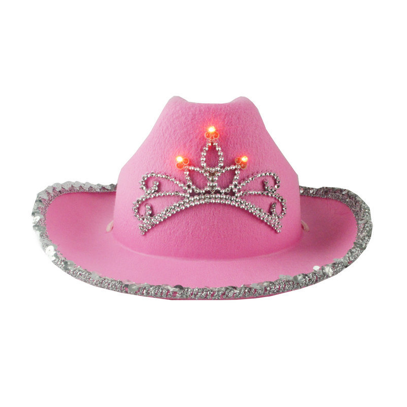 Western stil glødende cowboyhat lyserød #39 til kvinder skæv bred skygge med pailletter dekoration led krone tiara cowgirl hat