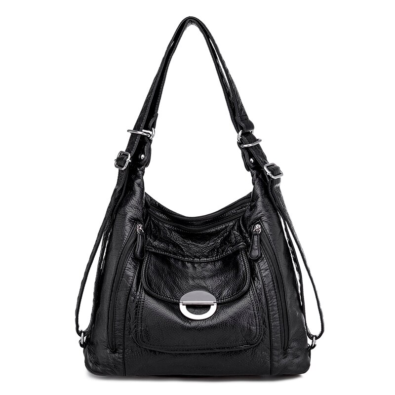 Bolso de hombro grande para mujer, bolsa de viaje de lujo, de piel suave, de 2 capas, multifunción: black