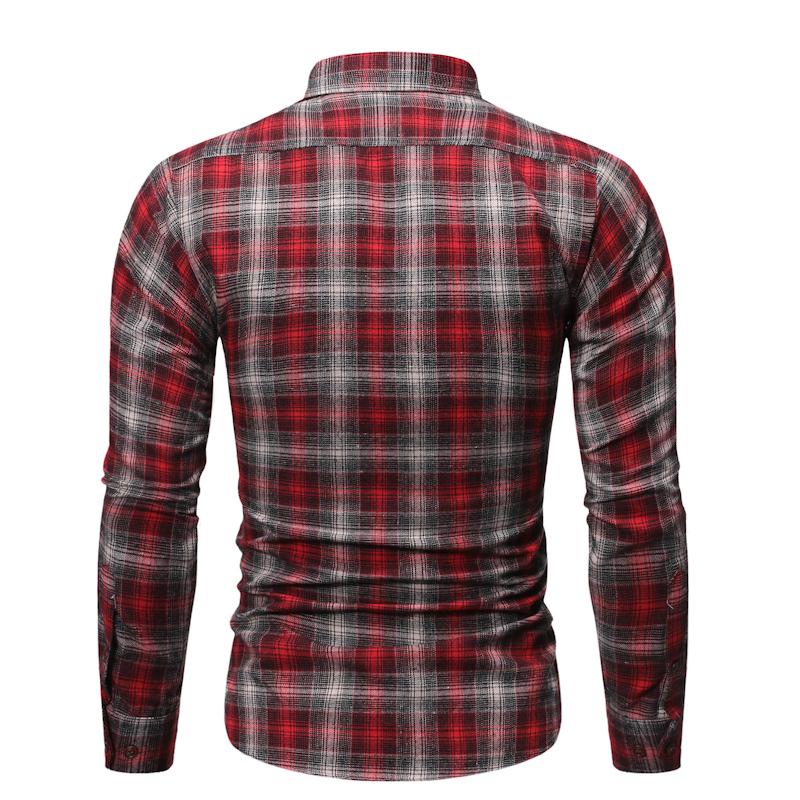 Dobbelt lomme langærmet herre skjorte afslappet plaid skjorte til mænd revers bluse mand over størrelse mørk rød