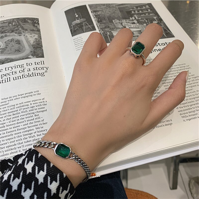 AOMU Retro Distressed Metal Green Zircon Geometric Round Square Luxury Opening Ring for Women Jewelry